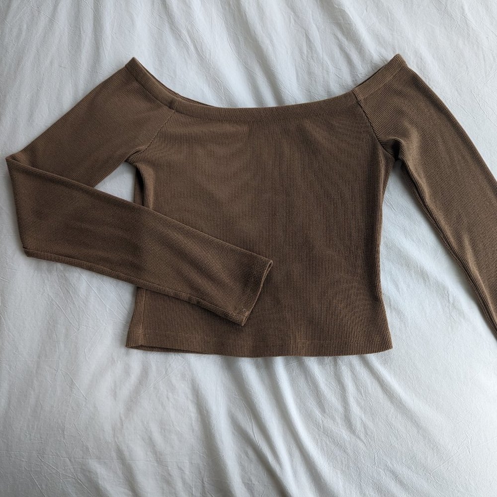 Light brown off the shoulder crop top